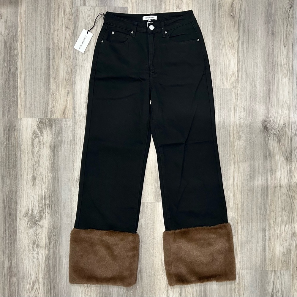 NWT We Wore What Black Denim Jeans Faux Fur Cuff Straight Leg High Rise Size 27